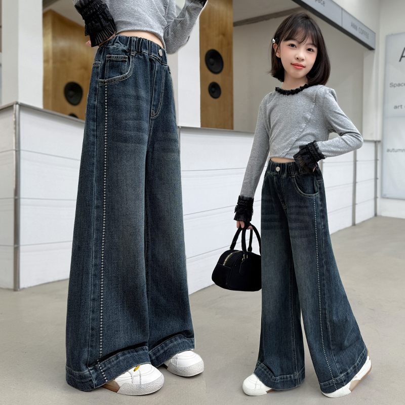 女童裤子春秋款2025新款儿童直筒牛仔裤初中生女孩大童秋装阔腿裤