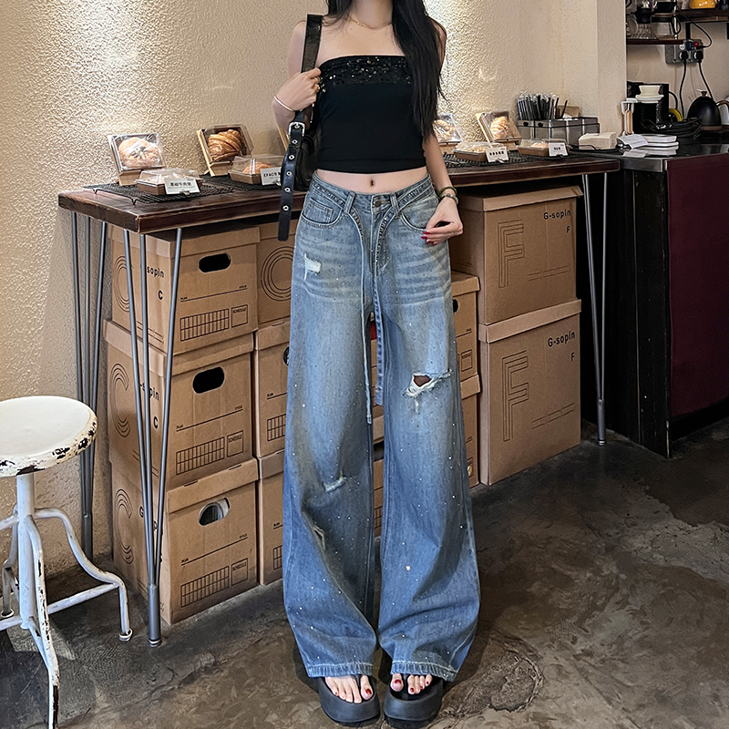 小个子渐变色破洞满天星烫钻阔腿牛仔裤女2025秋季新款显瘦直筒裤