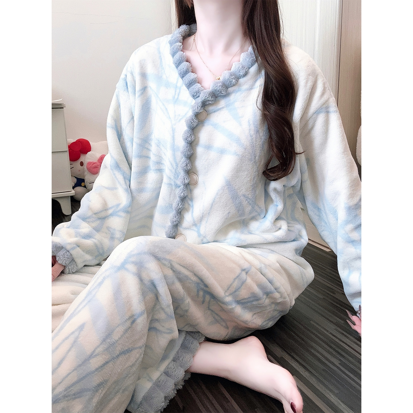 睡衣女冬季加厚珊瑚绒甜美风开衫少女可外穿新款法兰绒家居服套装
