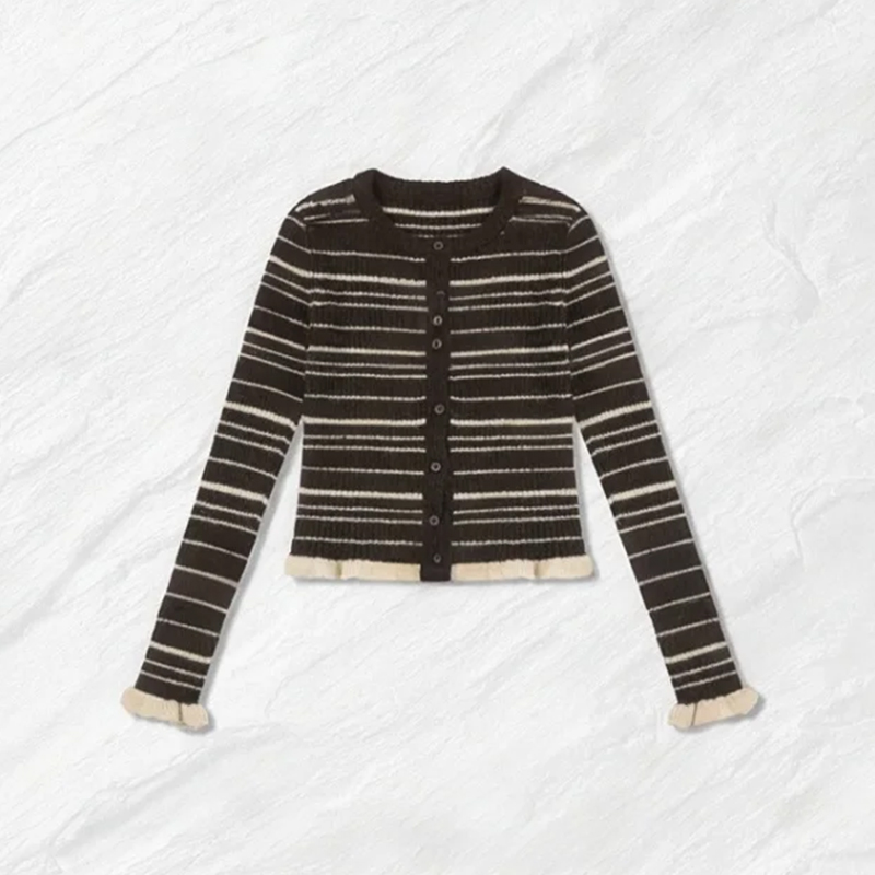 法式松弛慵懒风毛衣针织衫女2025秋季新款小香风条纹开衫短款上衣