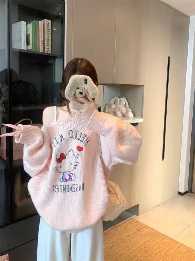 章若楠同款白色卡通毛衣圆领长袖早秋新款设计感小众宽松显瘦上衣