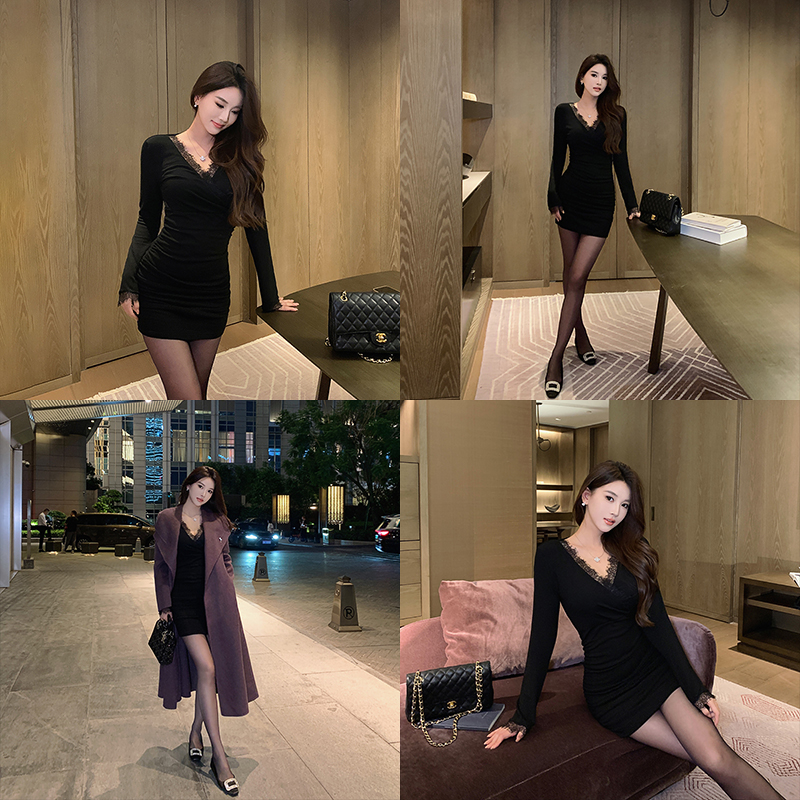 【汪汪专属】轻熟性感修身女秋包臀裙蕾丝花边针织打底连衣裙