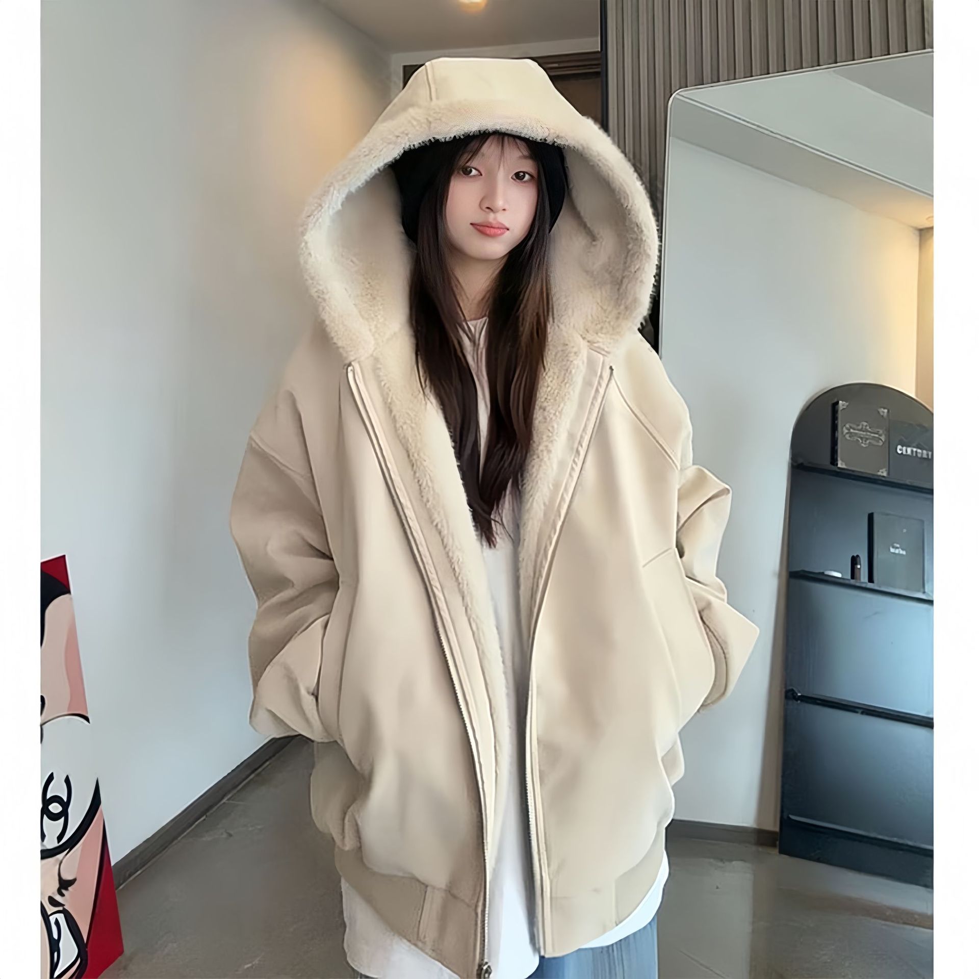 美式重磅荔枝纹座山雕加绒夹棉连帽棉服男女冬季保暖宽松毛领外套