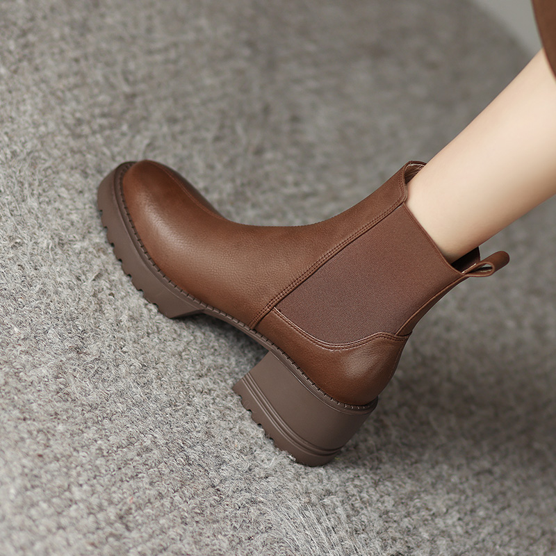 法式复古棕色切尔西靴女2025年新款真皮高跟短靴粗跟厚底马丁靴子