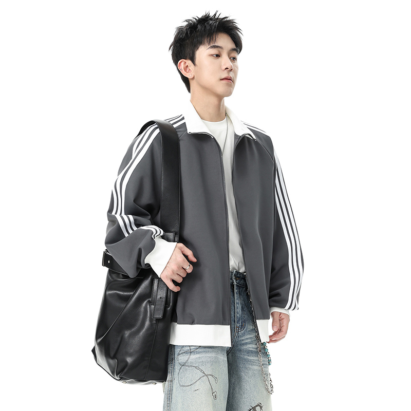 三条杠夹克外套男款2025新款秋季潮流百搭宽松翻领条纹休闲上衣男