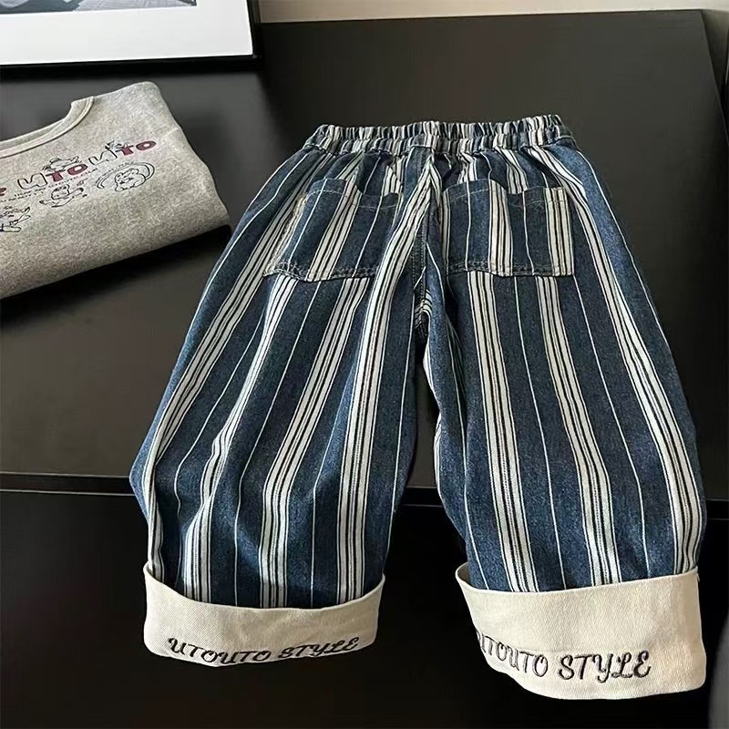 儿童春秋季童装2025新款童洋气撞色翻边条纹牛仔裤儿童宽松休闲裤
