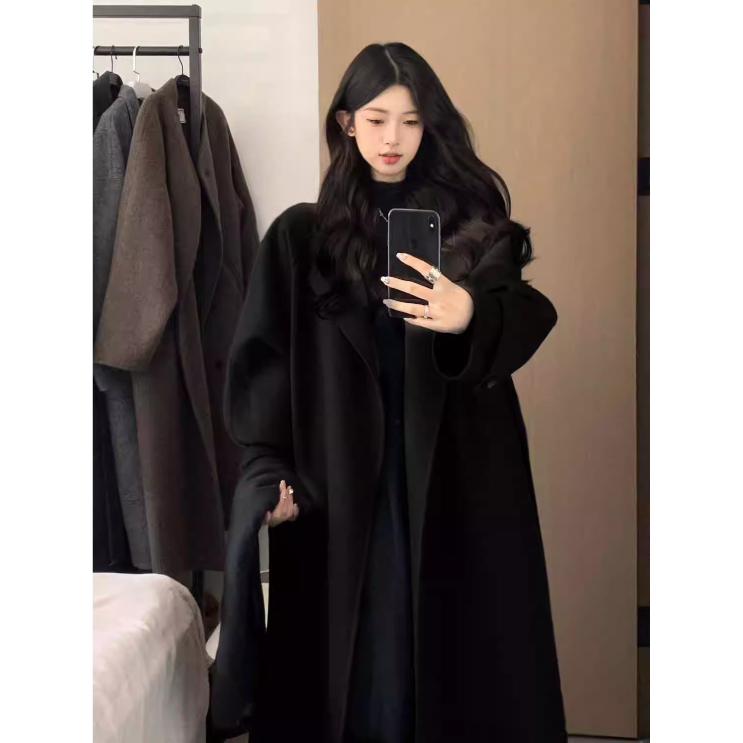韩版黑色呢子大衣女秋冬宽松2025新款高级感小个子中长款毛呢外套