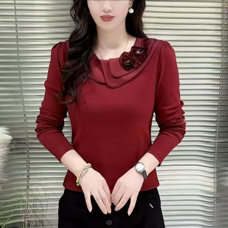 850款 秋款韩版高档二朵花圆领拼接洋气百搭显瘦女士长袖上衣