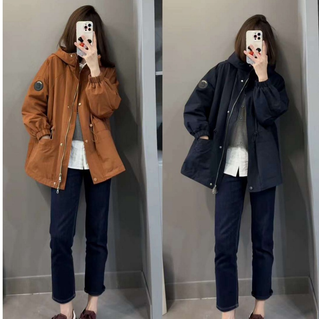 2025早春季新款韩版防风连帽拉链冲锋衣外套女宽松休闲中长款风衣