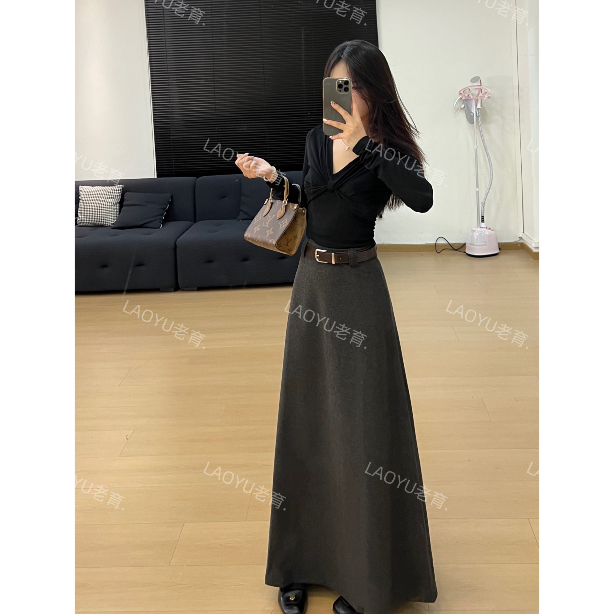 LAOYU（极简主义）秋冬气质高腰显瘦A字极简百搭长款半身裙+腰带