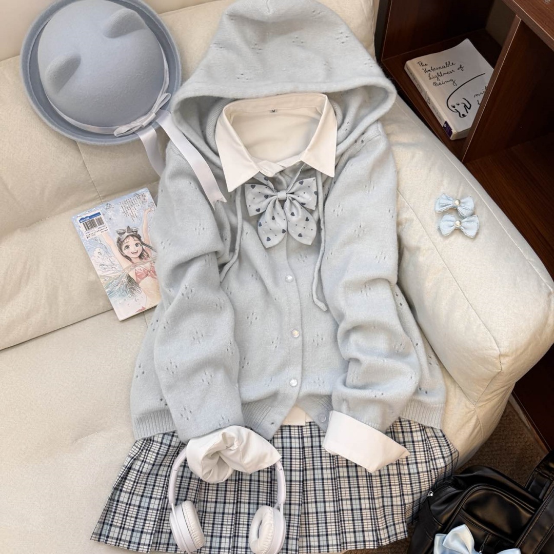 (小绵)东临社原创正版jk制服蓝绿格秋冬新款毛衣连帽外套格裙套装