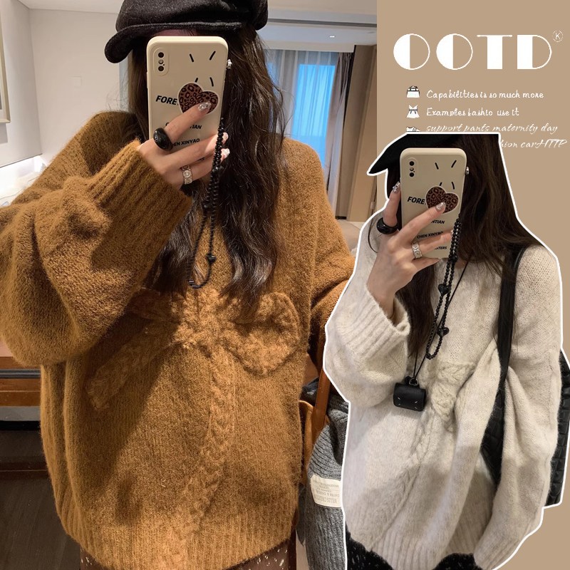 蝴蝶结孕妇毛衣针织衫2025秋冬新款宽松慵懒加厚中长款孕妇装上衣