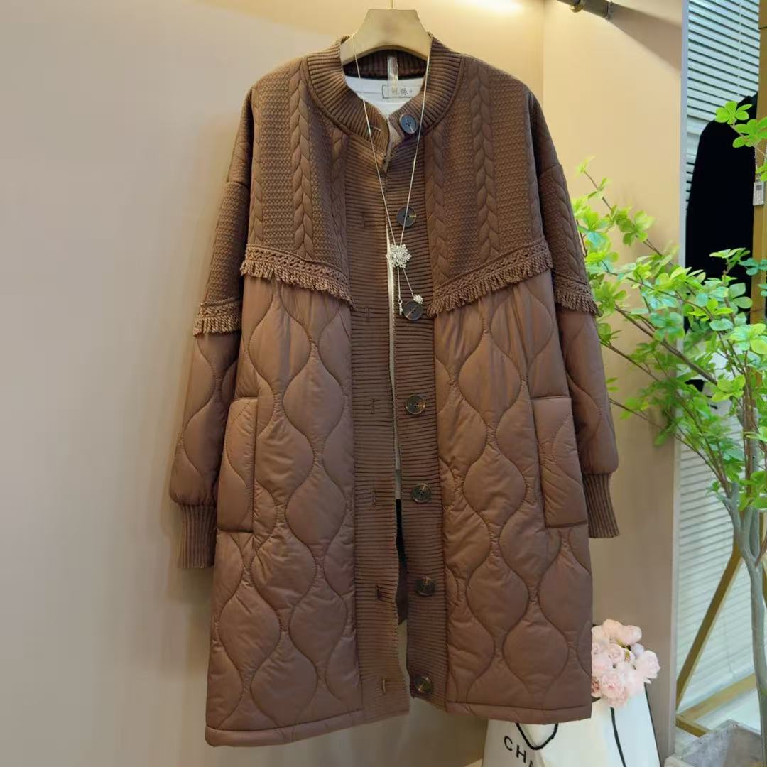 欧洲站减龄圆领休闲简约拼接洋气百搭长款薄棉服（长92左右）