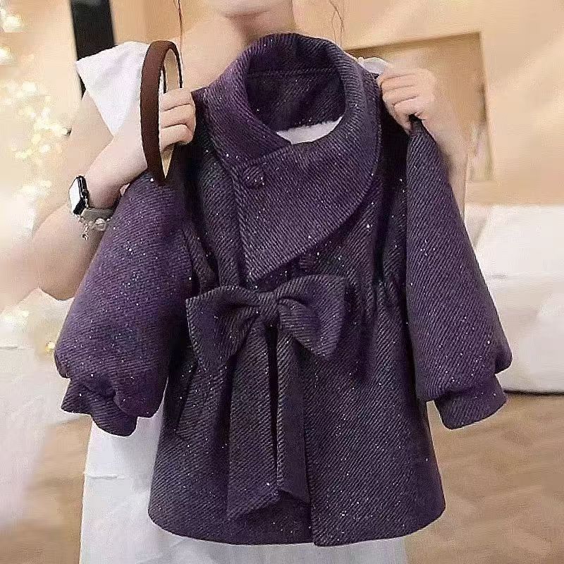 女童冬季加绒中长款外套2025新款女孩洋气可爱蝴蝶结上衣77530