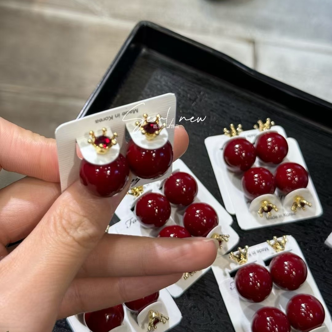 合金仿珍珠耳饰 韩国红色耳钉水钻皇冠耳饰女耳环小众设计感耳坠