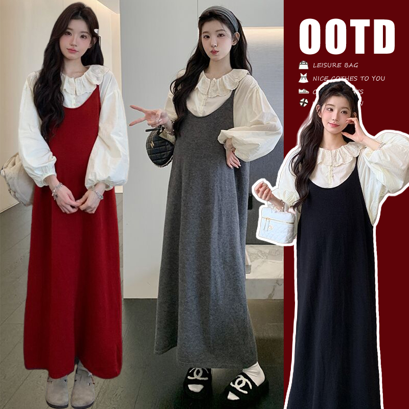 时髦孕妇装新款高个子娃娃领衬衣加针织吊带裙春秋显瘦洋气两件套