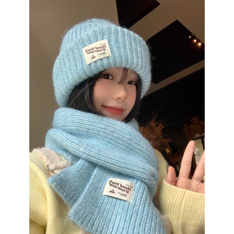 蓝色针织含羊毛针织帽子围巾女新款韩系氛围感保暖毛线帽围脖