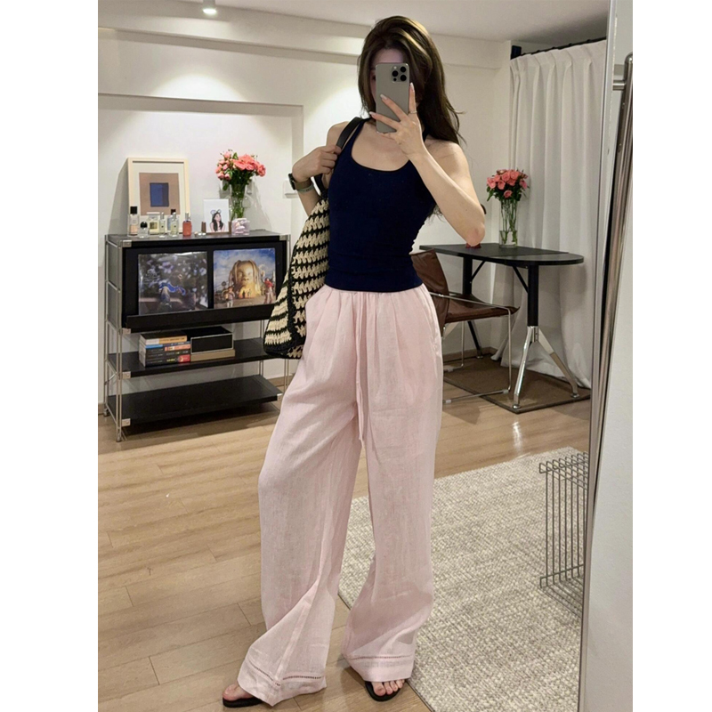 裤长112cm高个子加长休闲裤女松弛感显瘦阔腿裤薄款粉色亚麻裤夏