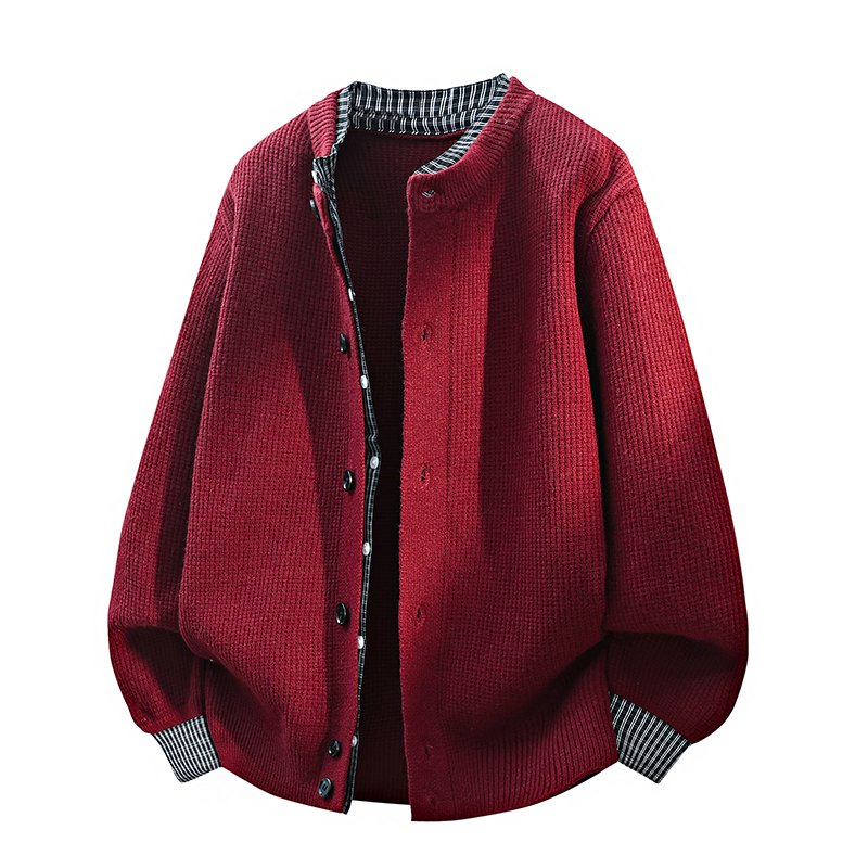啄木鸟红色毛衣男秋冬季新款高级感假两件针织衫夹克男士毛线衣开