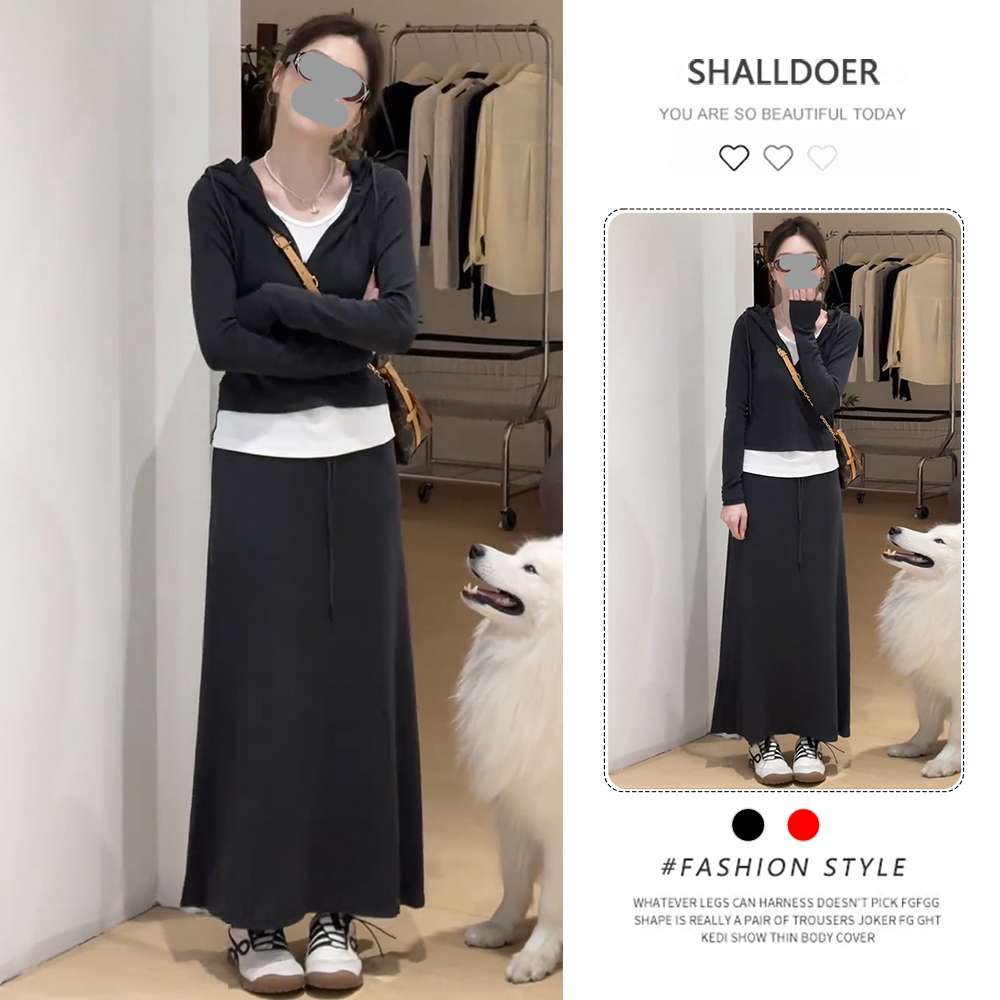 欧货休闲运动套装女2025春秋新款假两件连帽长袖卫衣半身裙两件套