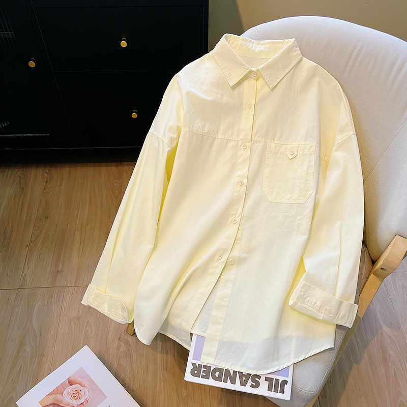 多巴胺杏色纯棉休闲长袖衬衫女2025秋新款纯色设计感小众通勤衬衣