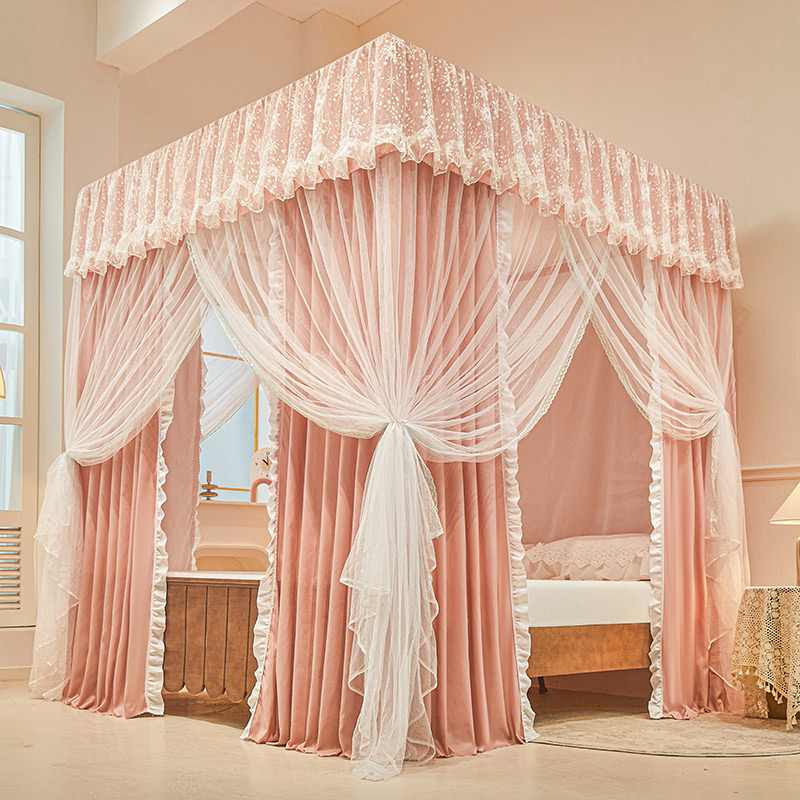 家用卧室加厚防三开门风简奢优雅无边双层遮光防尘防蚊落地蚊帐格