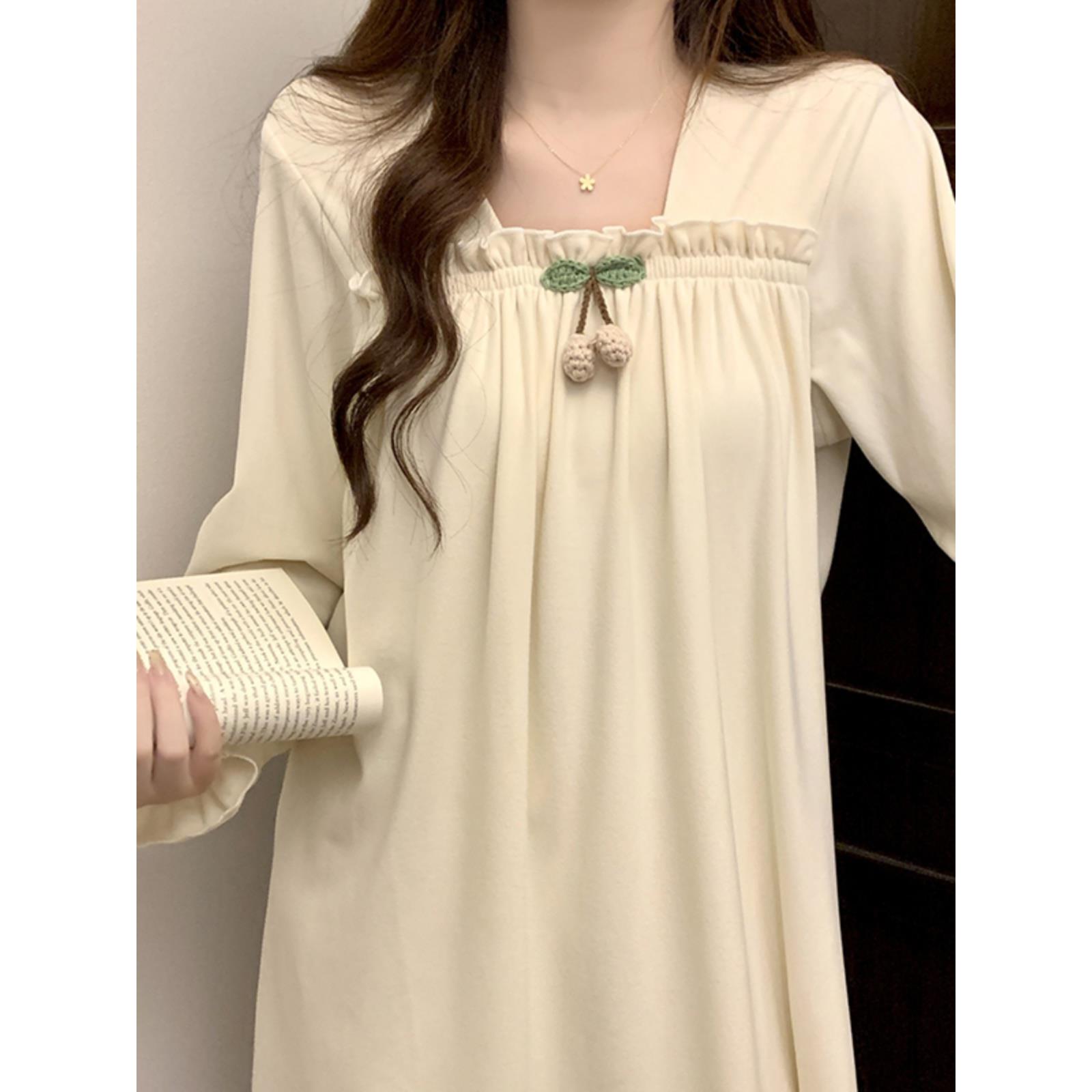 FAVMARTHA-长袖睡裙女秋冬季加厚德绒2025新款小奶fufu宫廷大码孕