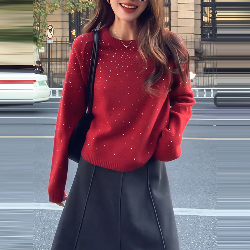 超好看简约温柔圣诞红色亮片针织衫女装冬春新款软糯内搭减龄毛衣