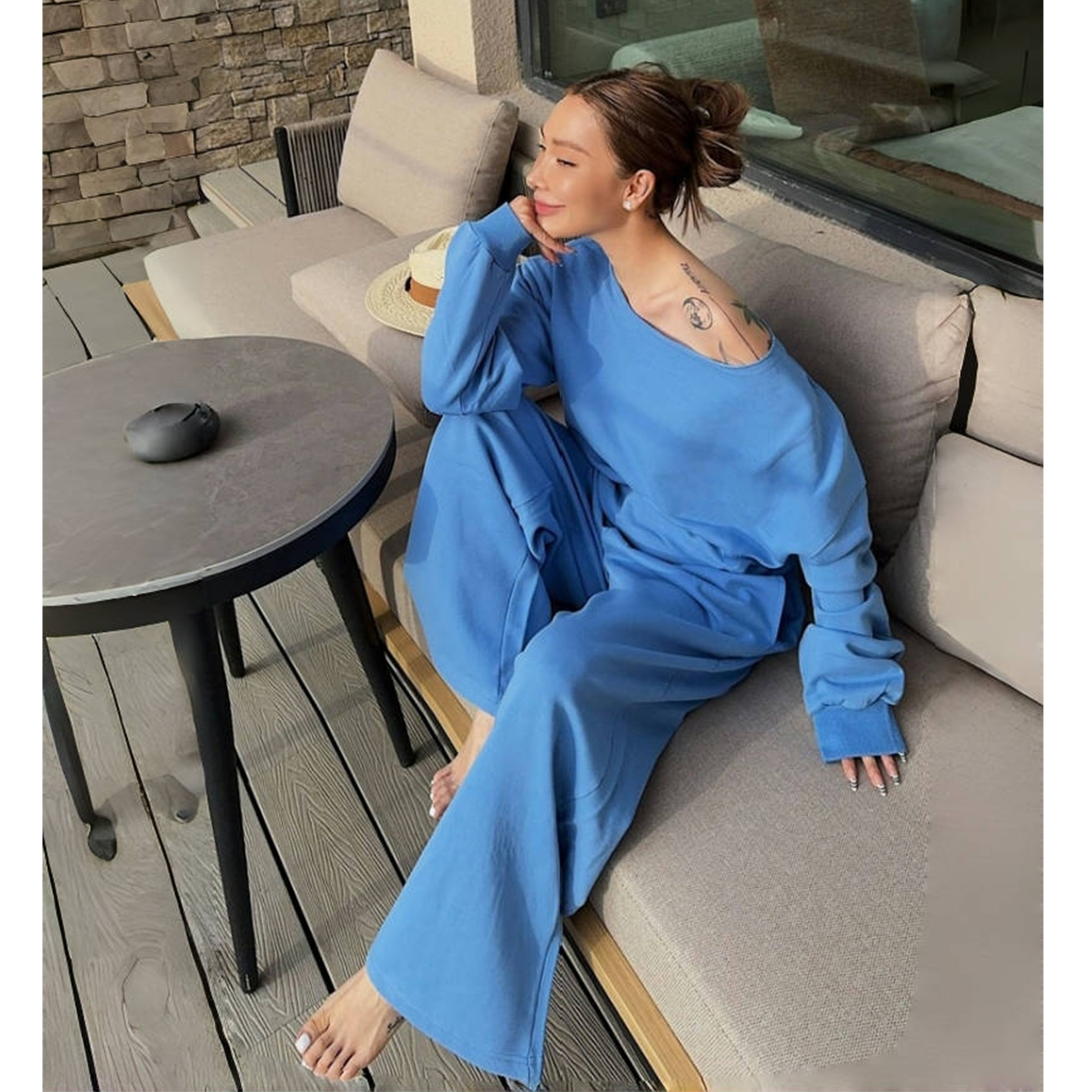 韩版慵懒感蓝色卫衣套装女生2025秋季欧货斜肩上衣长裤休闲两件套