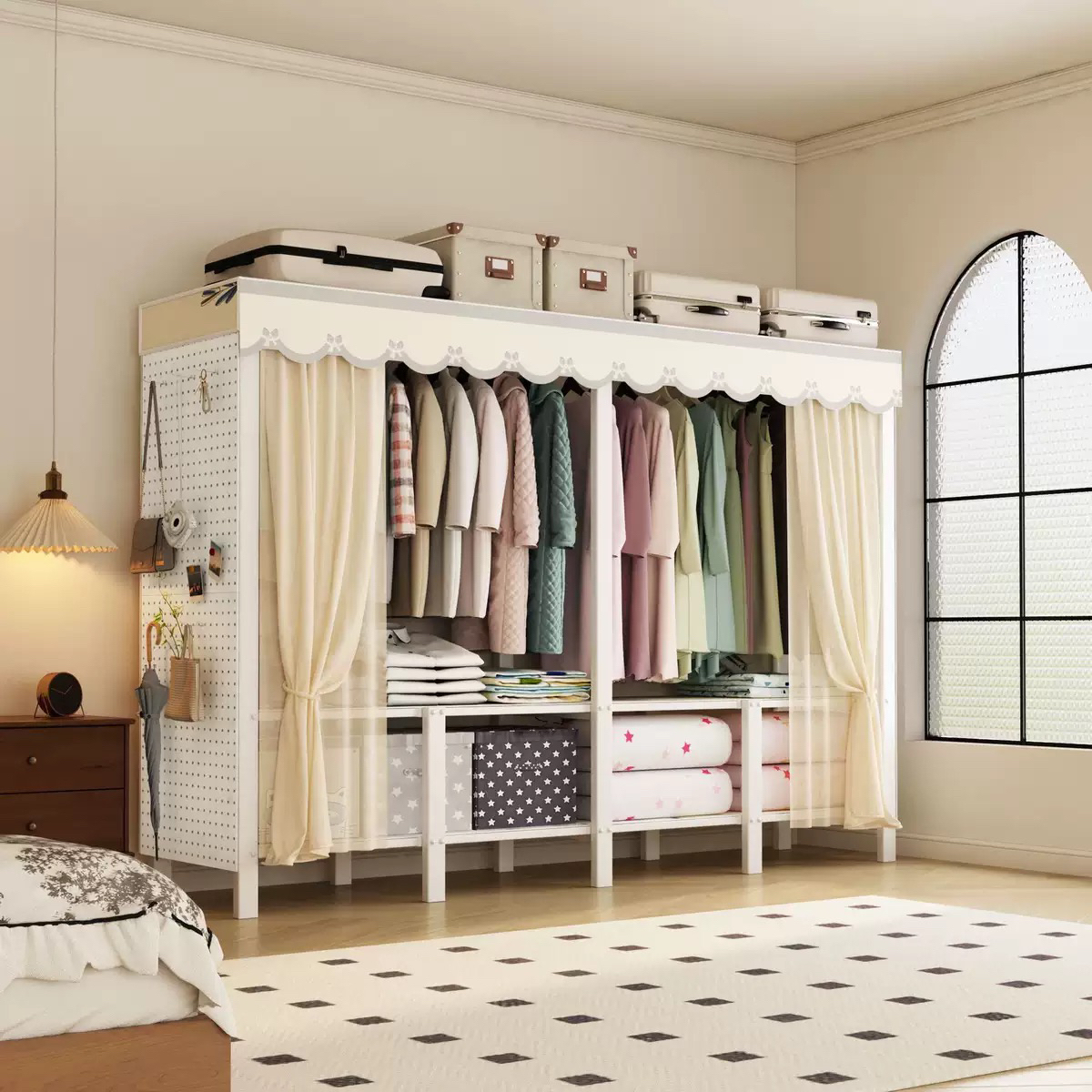 简易衣柜家用卧室免安装洞洞板出租房用钢架组装折叠收纳柜子衣橱