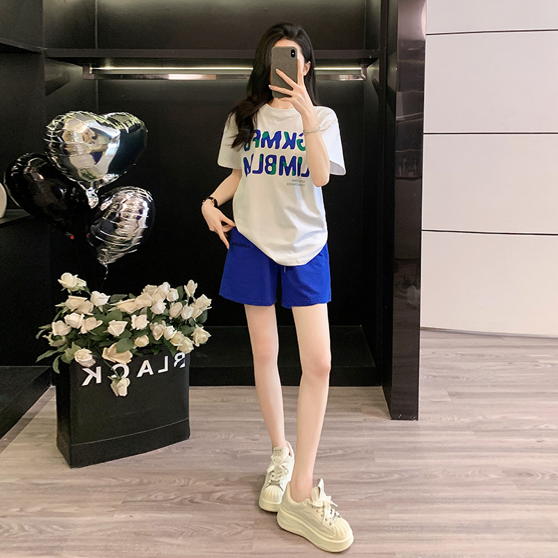 夏季新款女装时尚休闲运动套装白色短袖t恤蓝色短裤套装宽松显瘦