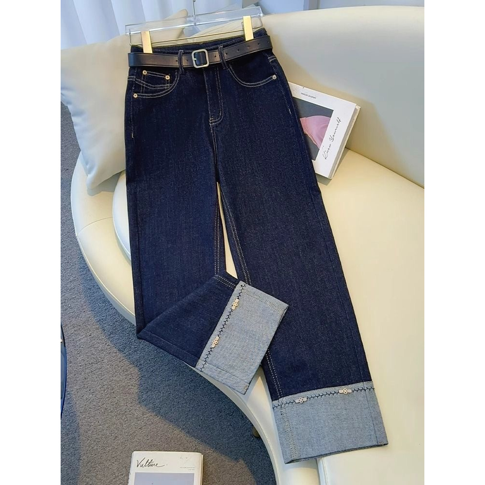 2025春秋新款丹宁蓝色卷边烟管裤牛仔裤女窄版法棍裤翻边直筒裤子