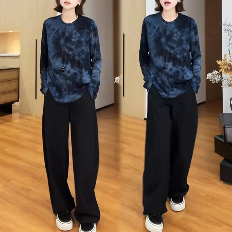 网红洋气炸街套装女2025春秋新款高级感扎染长袖t恤阔腿裤两件套