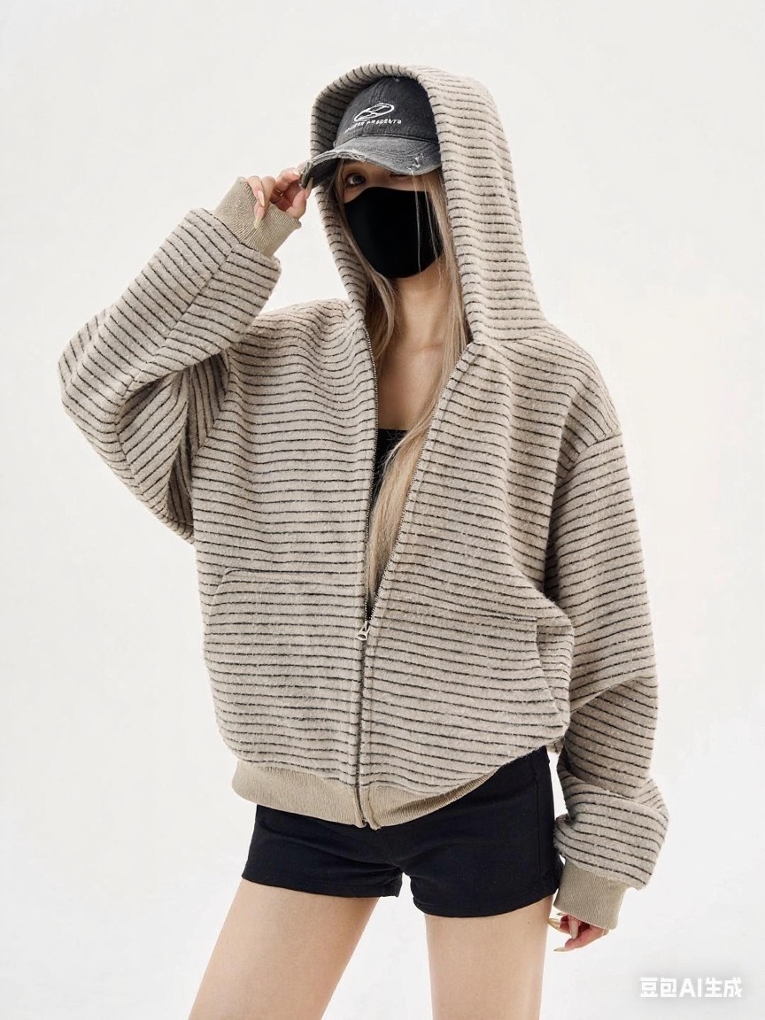 美式复古2025早秋新款条纹拉链开衫连帽卫衣男女情侣外套百搭上衣