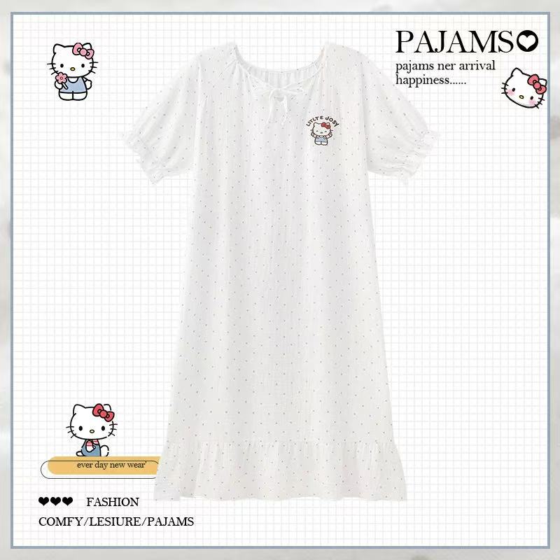 HelloKitty睡裙女款夏季纯棉短袖棉纱ins风凯蒂猫夏天睡衣家居服