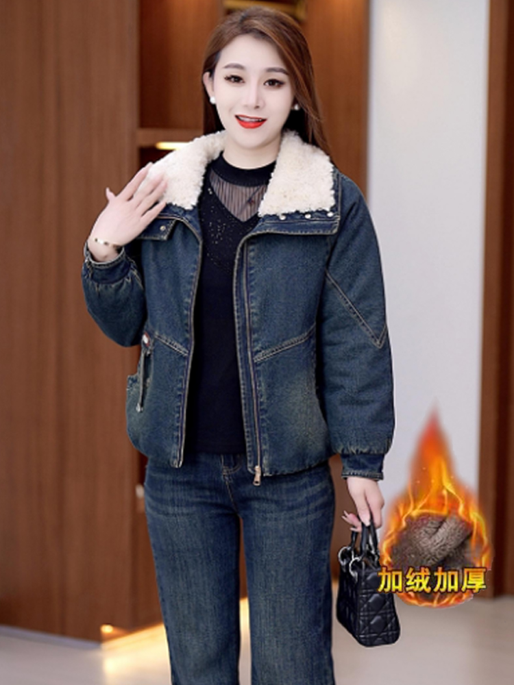 加绒加厚牛仔短外套女2025冬季新款洋气宽松羊羔毛领休闲夹克棉袄