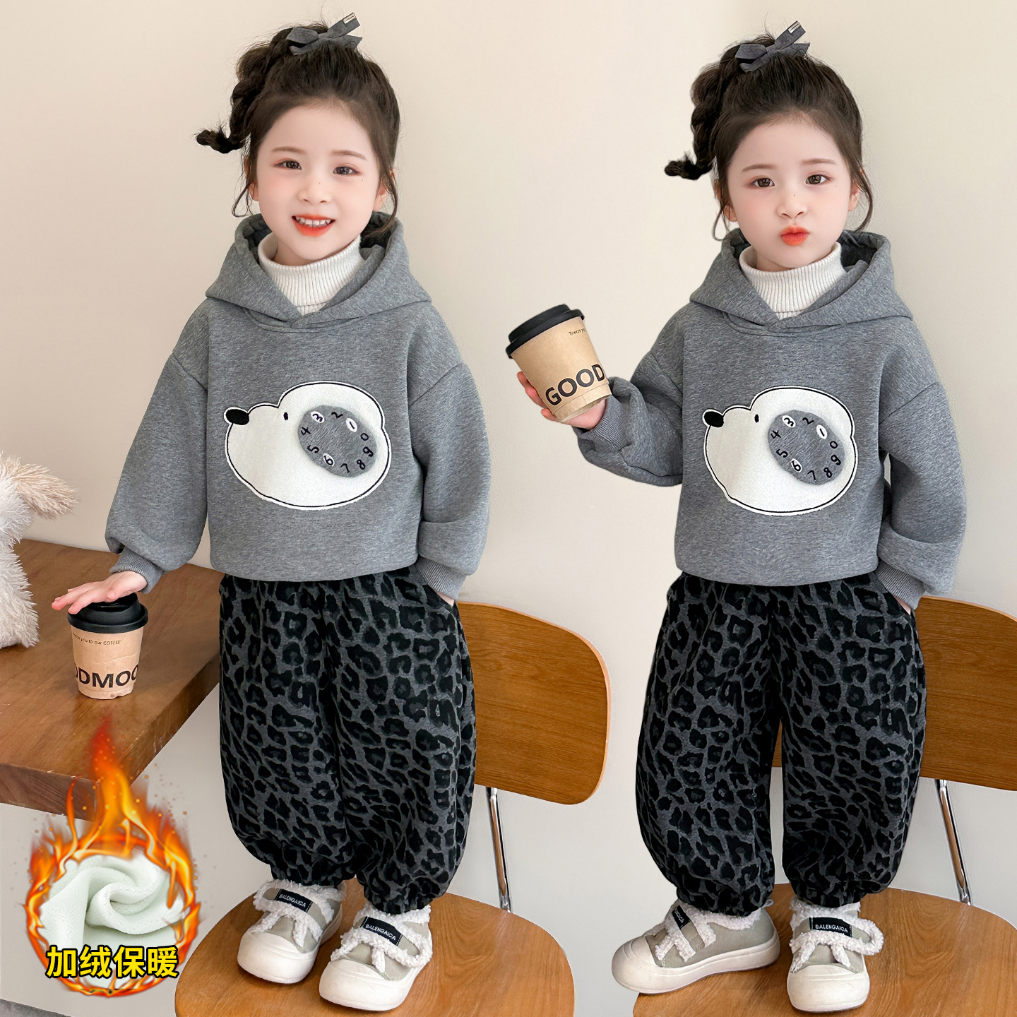 女童时尚数字小狗卫衣加绒套装2025新款儿童冬装女宝宝休闲两件套