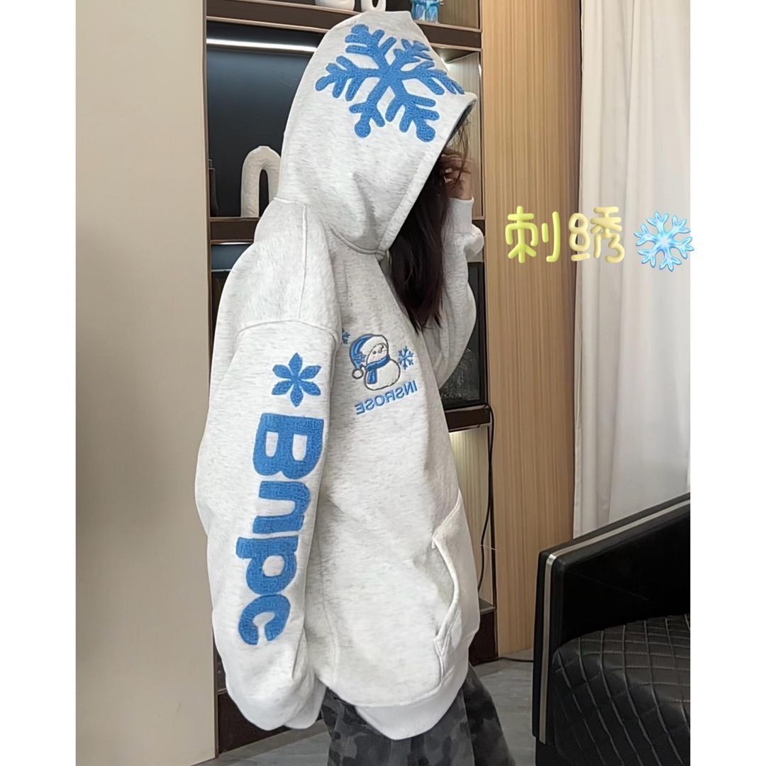 美式复古潮牌雪花刺绣连帽卫衣男女秋季拉夏贝尔长袖卫衣