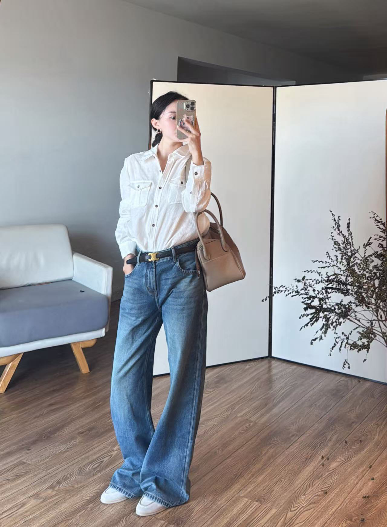 半开襟绑带收腰衬衫上衣极简松弛感慵懒风格