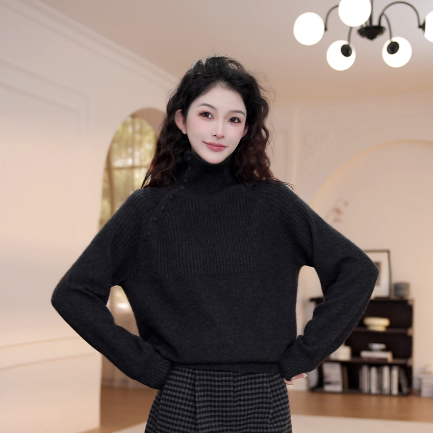 【YY·studio】半高领斜扣毛衣女秋冬季新款套头长袖针织衫YY-9250