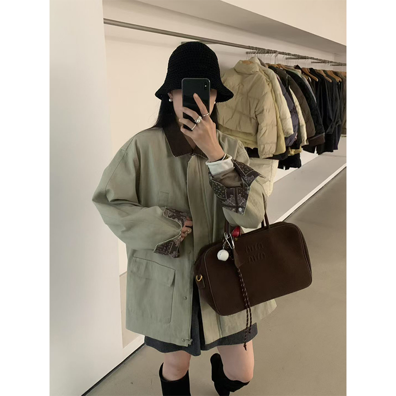 25秋新拼色翻领单排扣中长款风衣外套女设计感宽松多口袋工装上衣