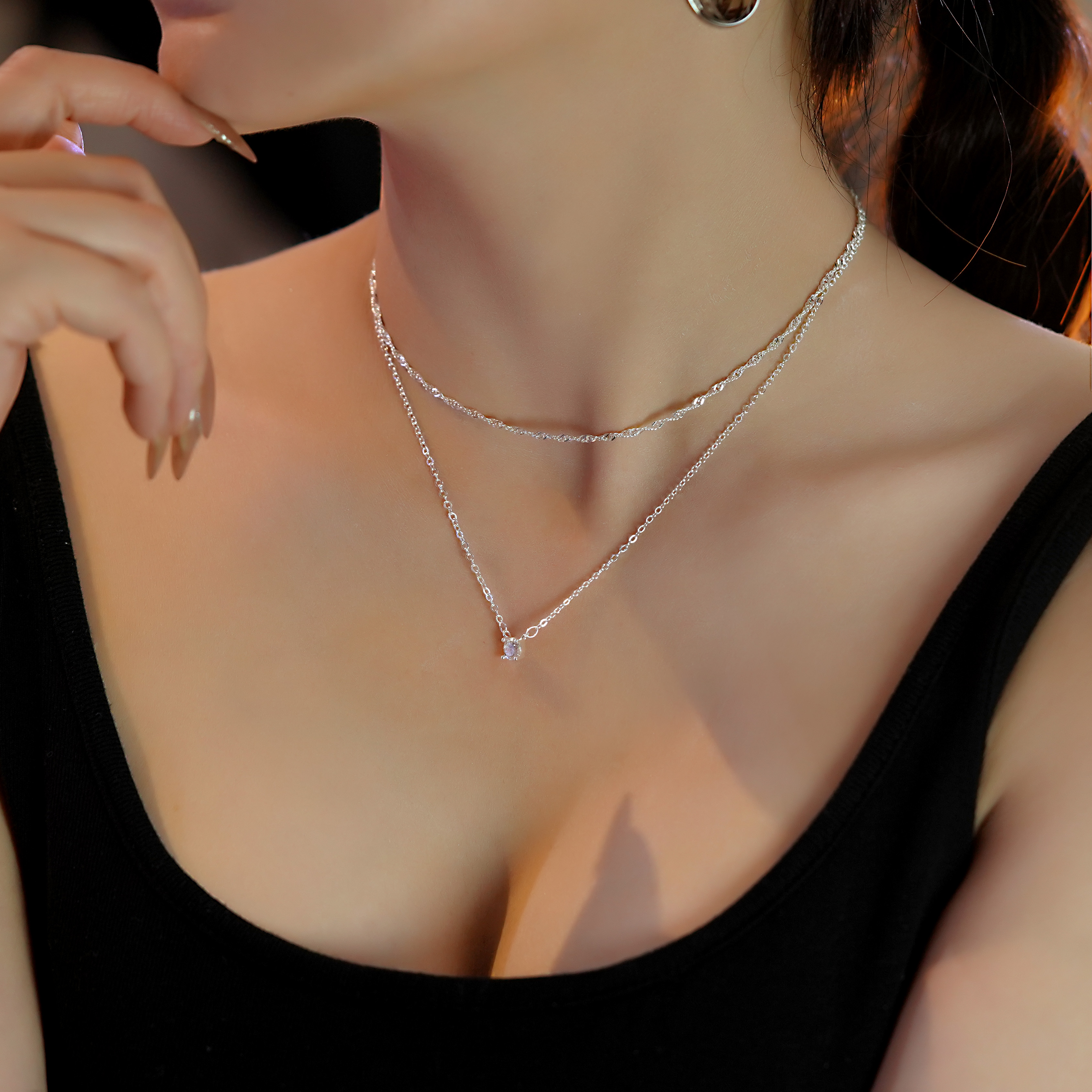 钛钢项链 时尚百搭简约叠戴锆石设计感两件套项链女