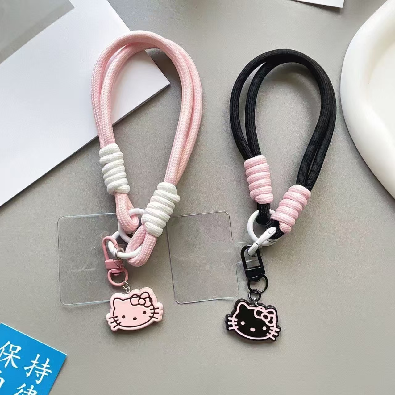 爱立体粉色KT猫挂件手机壳通用短款挂绳编织绳百搭钥匙扣防掉女