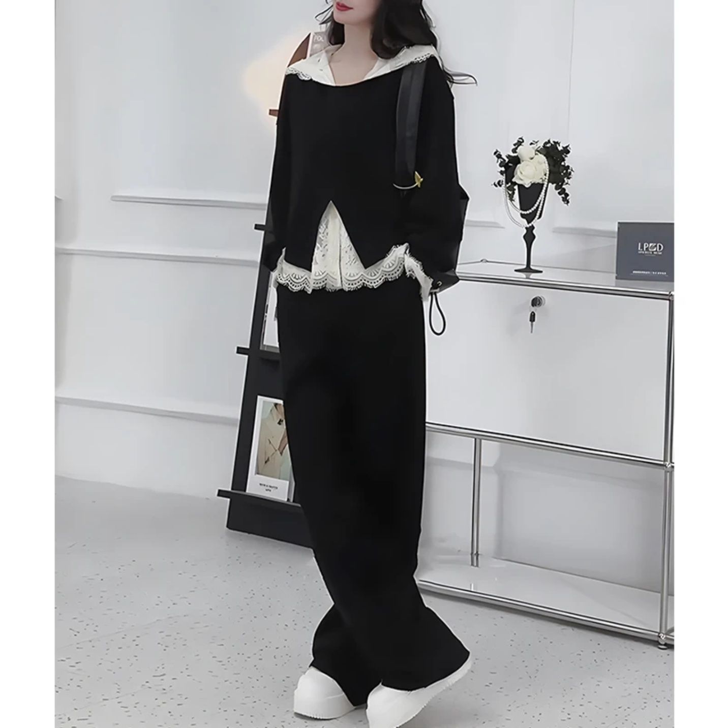 胖mm特大码300斤法式蕾丝时髦三件套女春秋款宽松遮肉慵懒风套装2