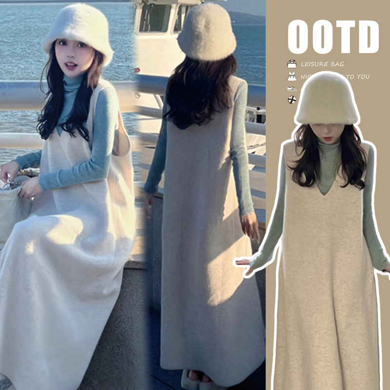 孕妇装春秋装时尚连衣裙孕期大码遮肚子显瘦两件套慵懒风百搭套装