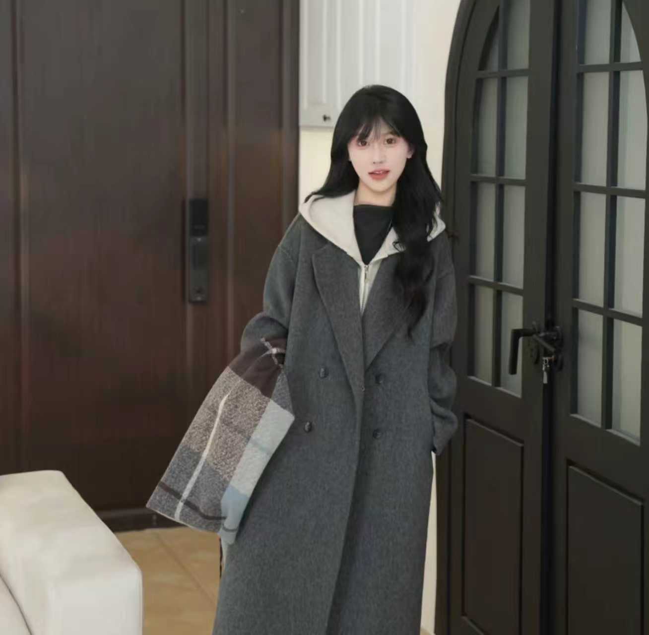 双面大衣韩系假两件高贵气质百搭长款宽松女装秋冬加棉新款8079