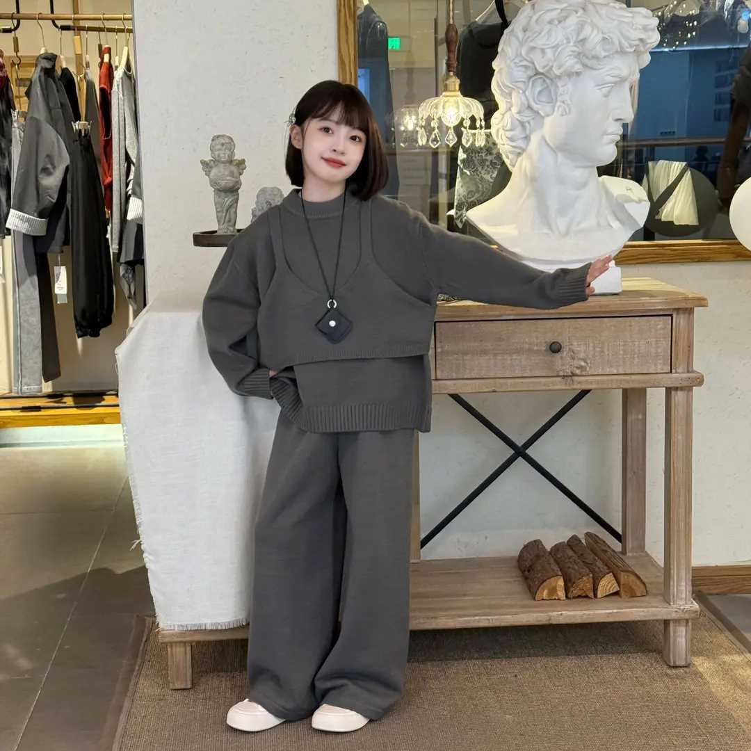 女童慵懒风韩系叠穿毛衣三件套春秋季2025新款洋气针织上衣阔腿裤