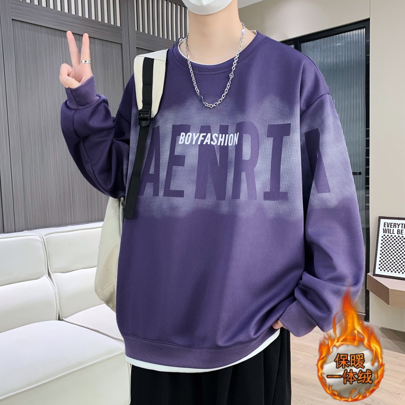 2025年新款长袖圆领假两件卫衣男士宽松百搭流行舒适男加绒上衣服