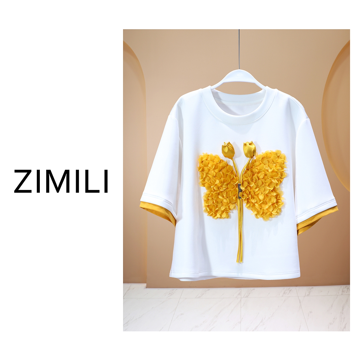 【亮哥女装】2025欧版月光白撞金叶黄盘花圆领时尚休闲短袖7916-C2