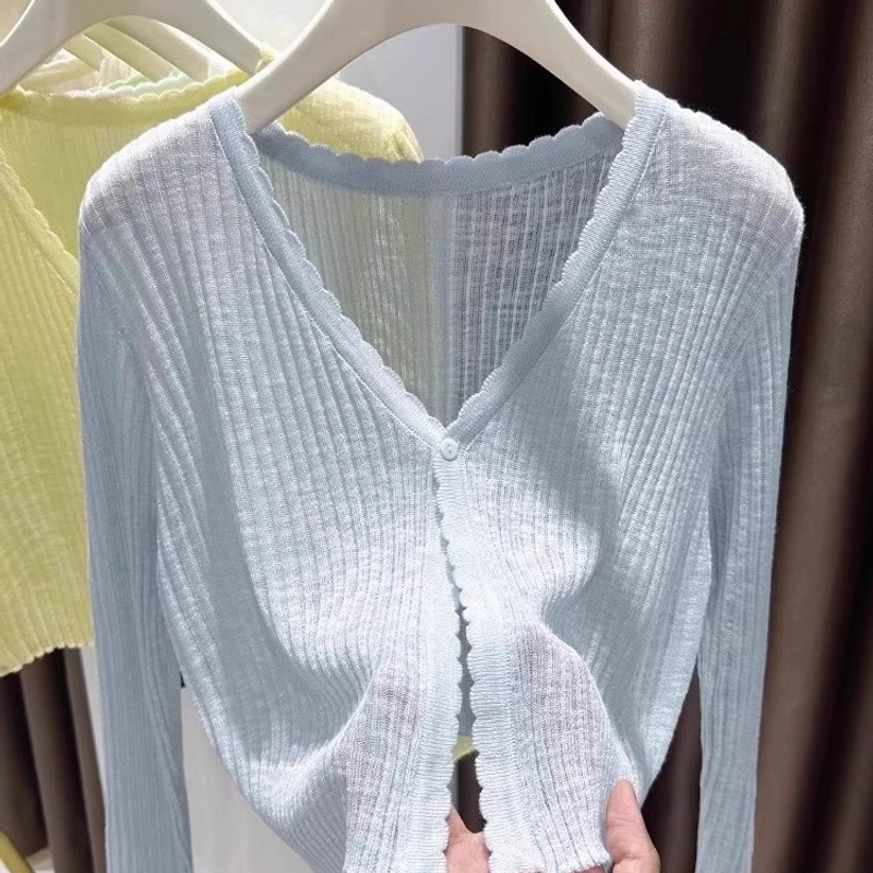 蓝色薄款针织冰丝开衫女夏吊带裙外搭空调衫防晒小披肩上衣女罩衫